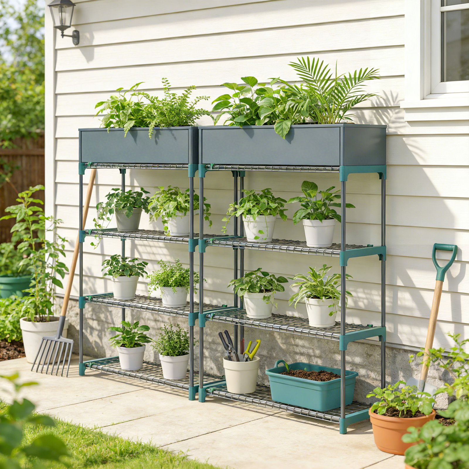 Conjunto de 2 suportes para plantas de 4 níveis interior e exterior prateleiras metálicas com conectores montagem fácil verde