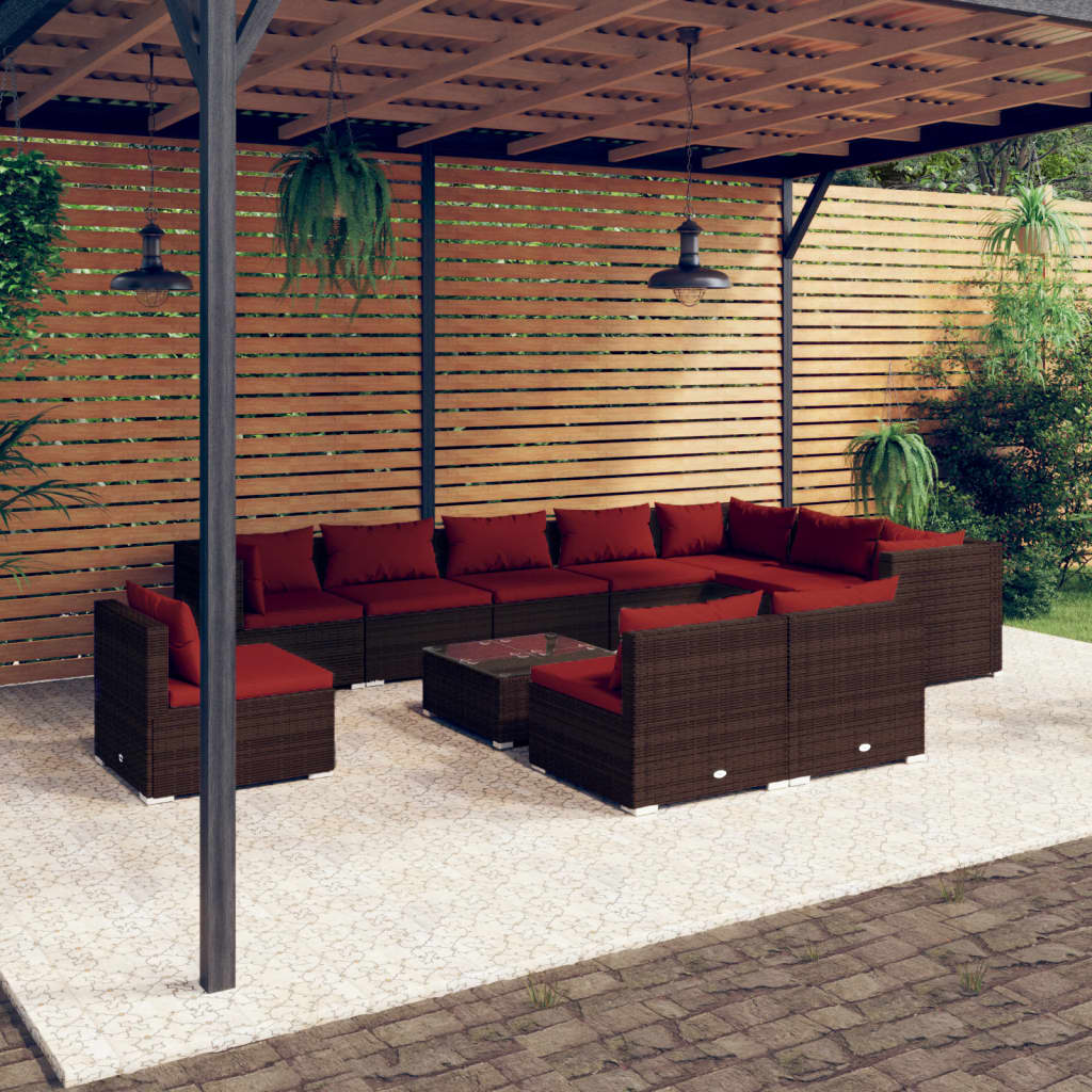 11 Pcs conjunto lounge jardim c/ almofadões vime PE castanho