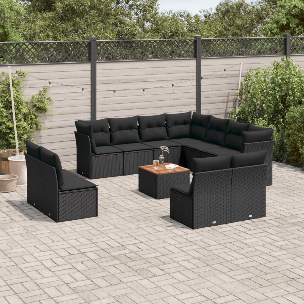 12 Pcs conjunto de sofás de jardim c/ almofadões vime PE preto