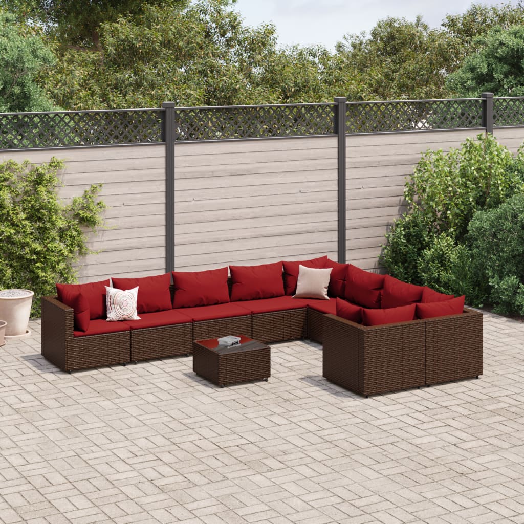 10 Pcs conj. sofás jardim com almofadões vime PE castanho