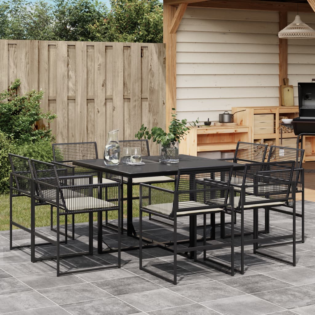 9 Pcs conjunto de jantar p/ jardim c/ almofadões vime PE preto