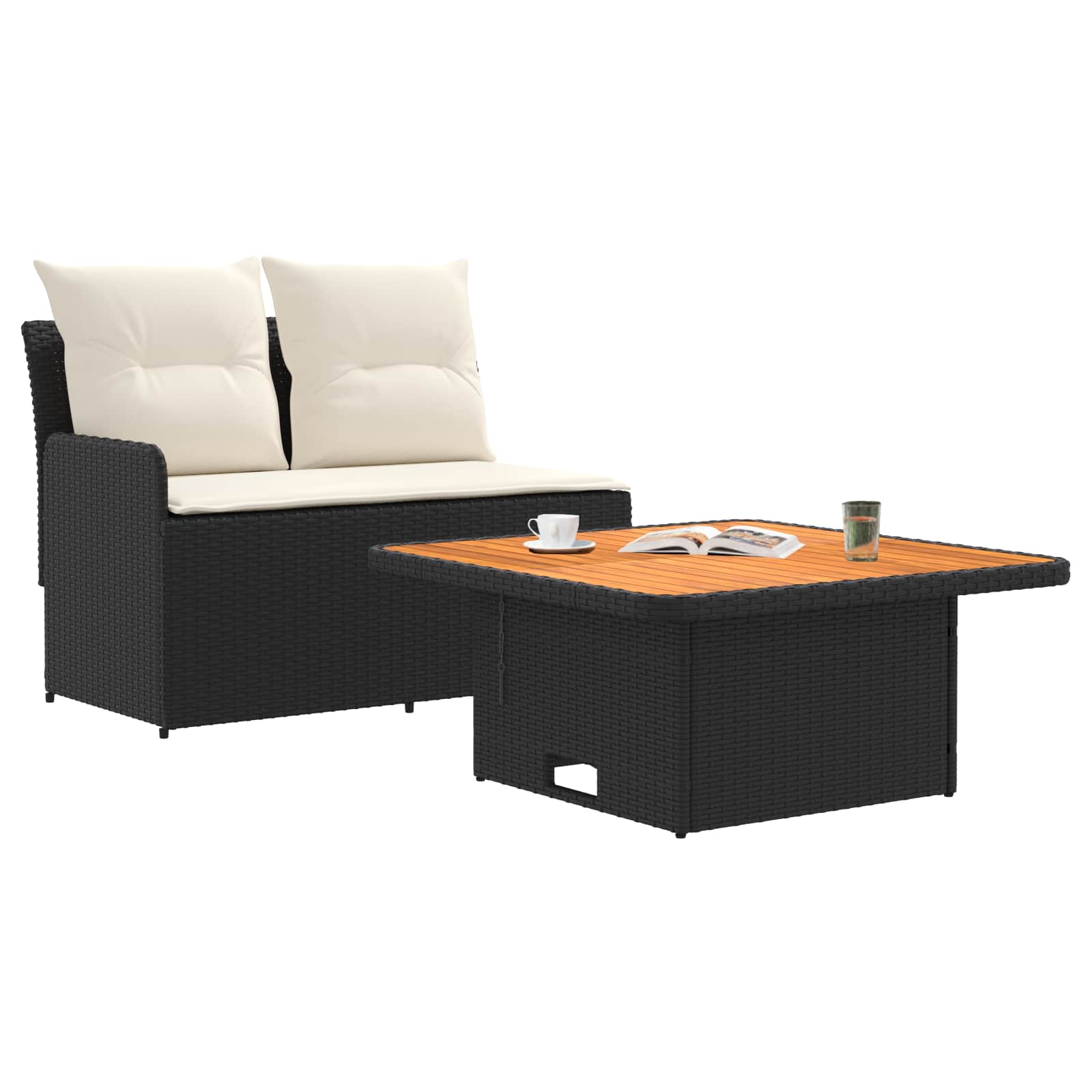 Sofá de jardim com braço e mesa levantável 2 peça preto e creme