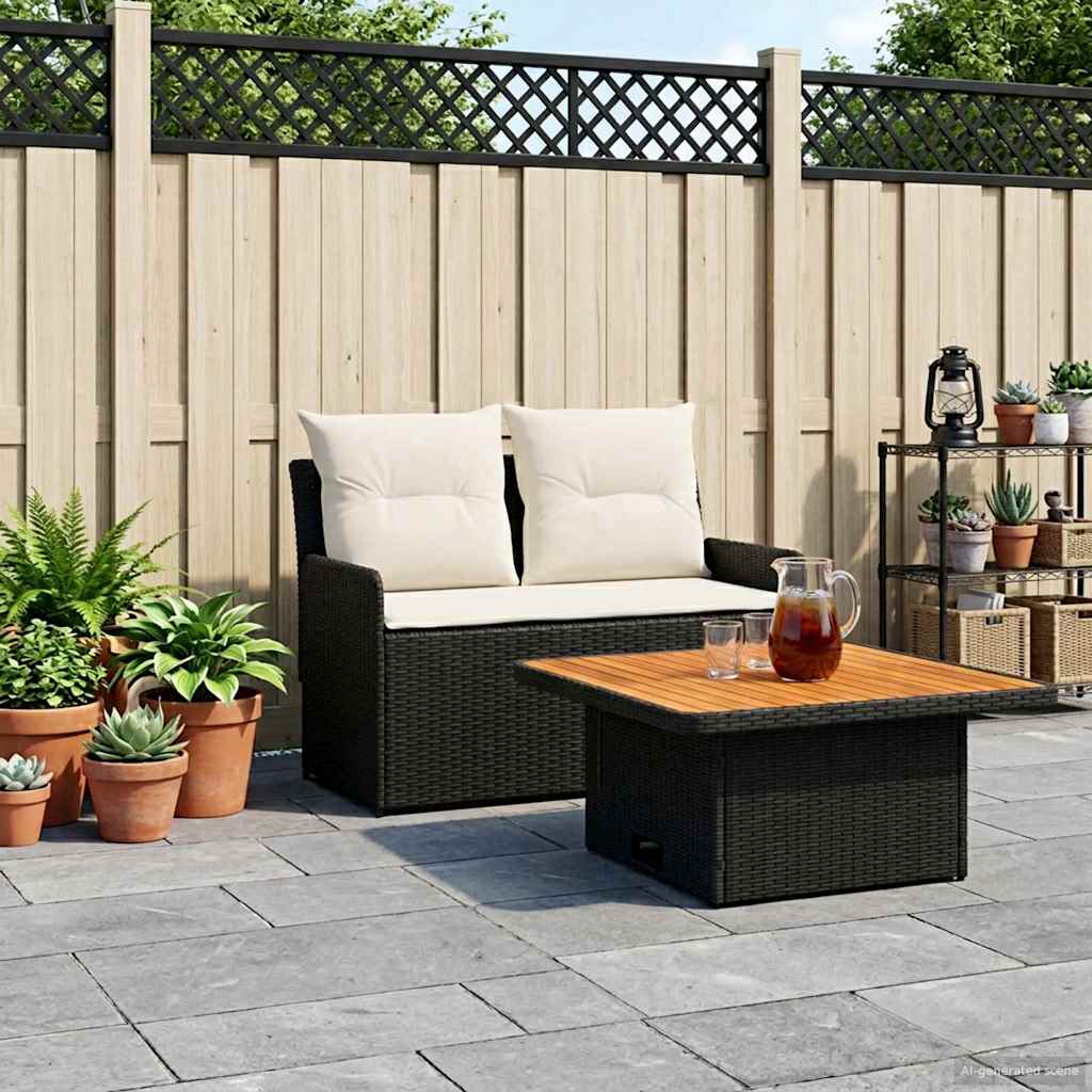 Sofá de jardim com braço e mesa levantável 2 peça preto e creme