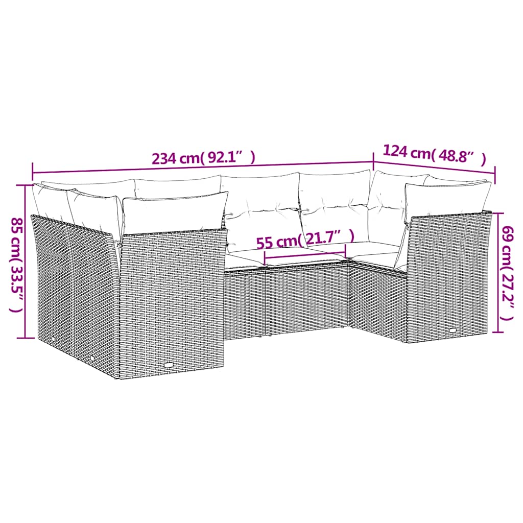 6 Pcs conjunto sofás de jardim c/ almofadões vime PE preto