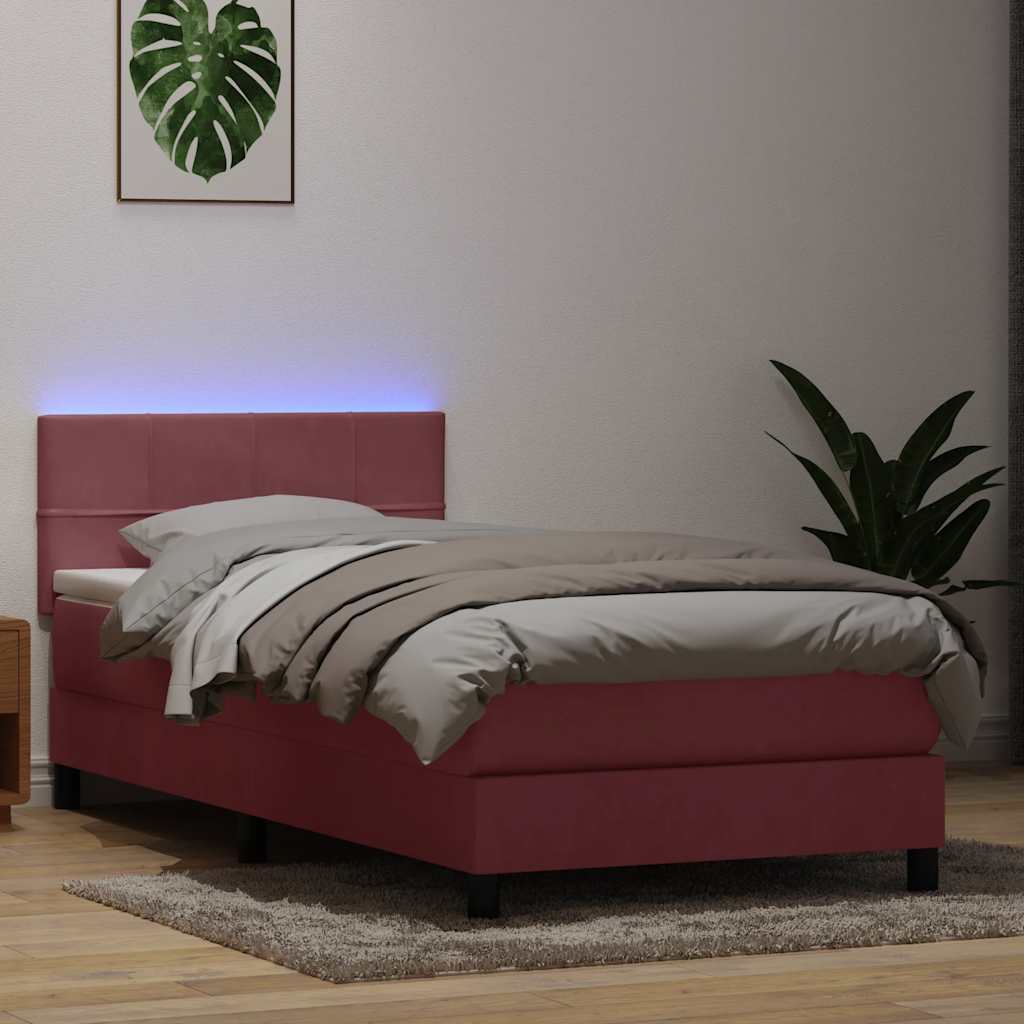 Cama box spring c/ colchão e LED 80x220 cm veludo rosa