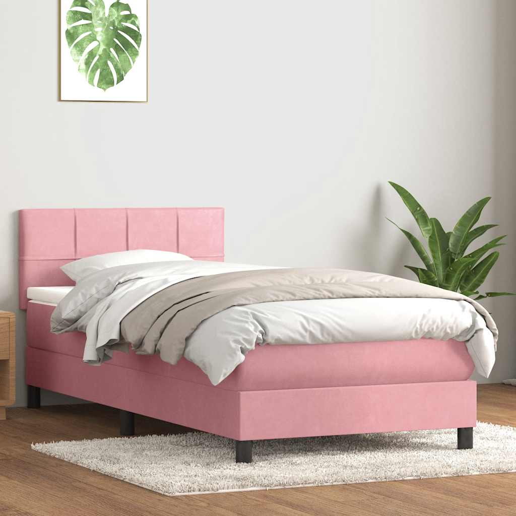 Cama box spring c/ colchão e LED 80x220 cm veludo rosa