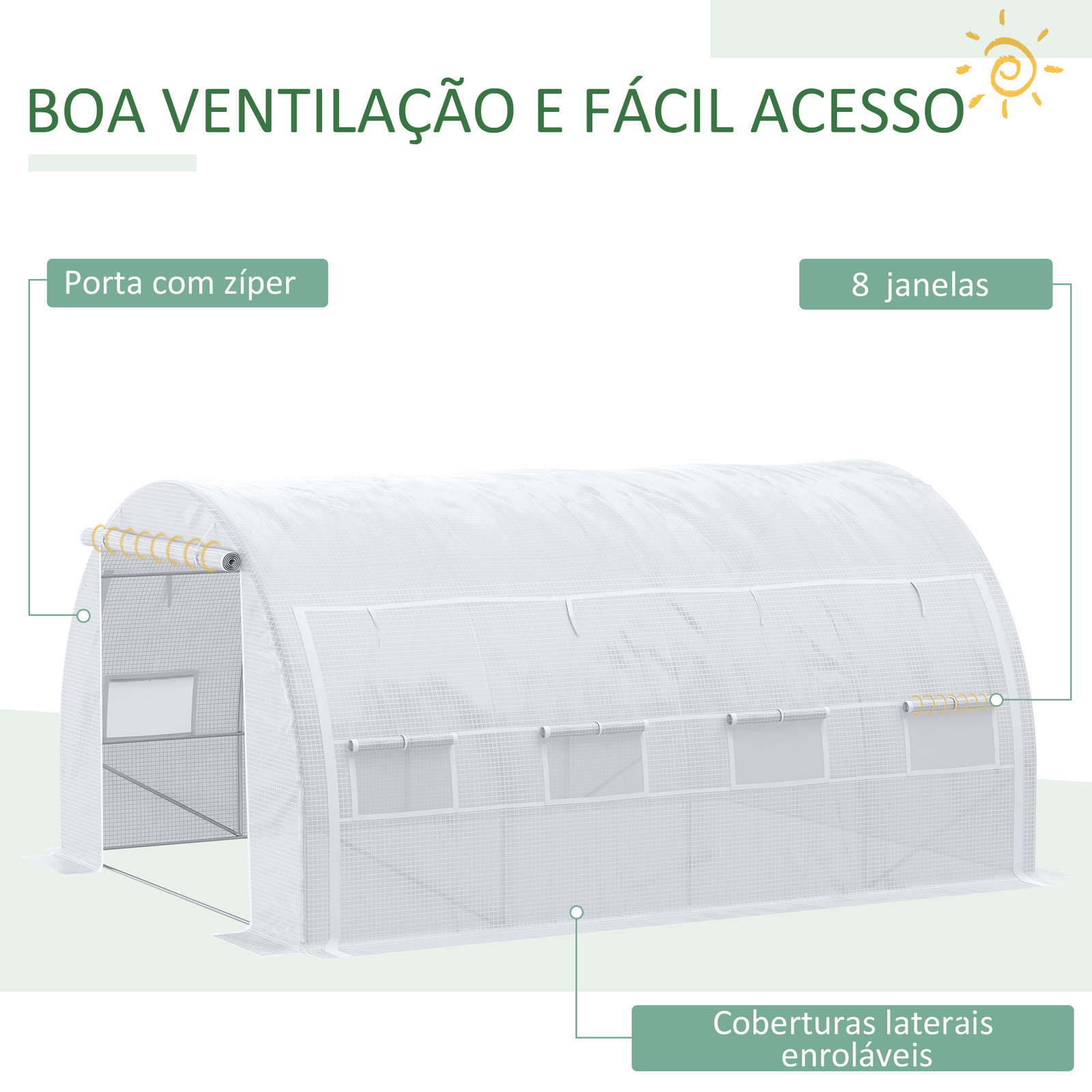 Estufa Tipo Túnel de Jardim 4x3x2m com Porta Enrolável 8 Janelas Cobertura de PE 140g/m² e Metal Galvanizado para Cultivos de Pl