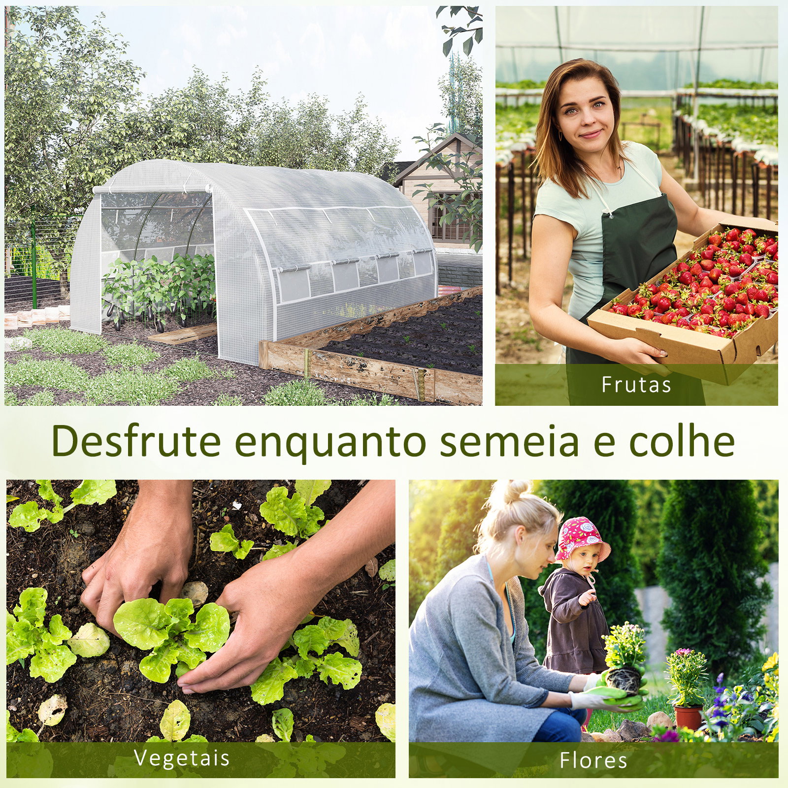 Estufa Tipo Túnel de Jardim 4x3x2m com Porta Enrolável 8 Janelas Cobertura de PE 140g/m² e Metal Galvanizado para Cultivos de Pl