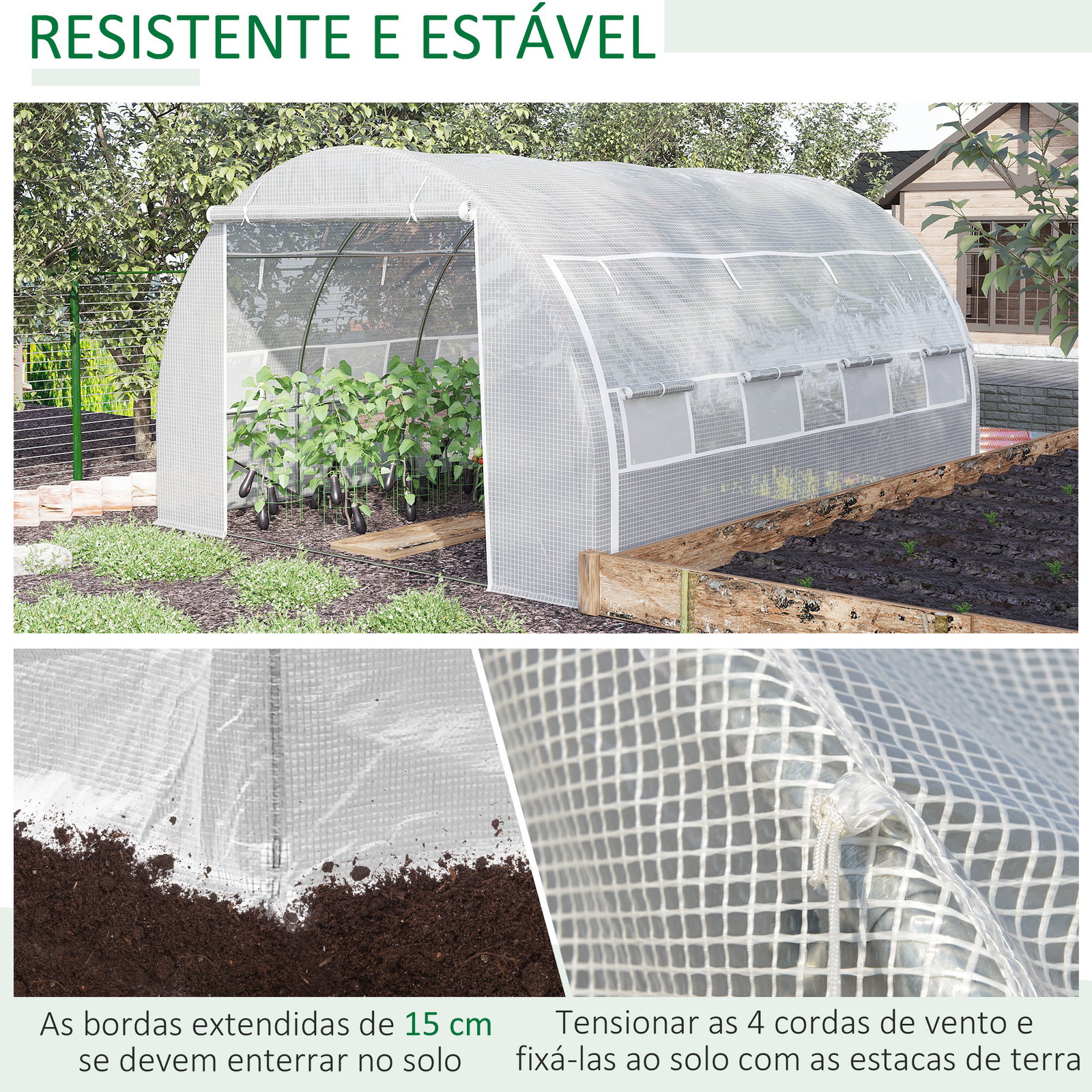 Estufa Tipo Túnel de Jardim 4x3x2m com Porta Enrolável 8 Janelas Cobertura de PE 140g/m² e Metal Galvanizado para Cultivos de Pl