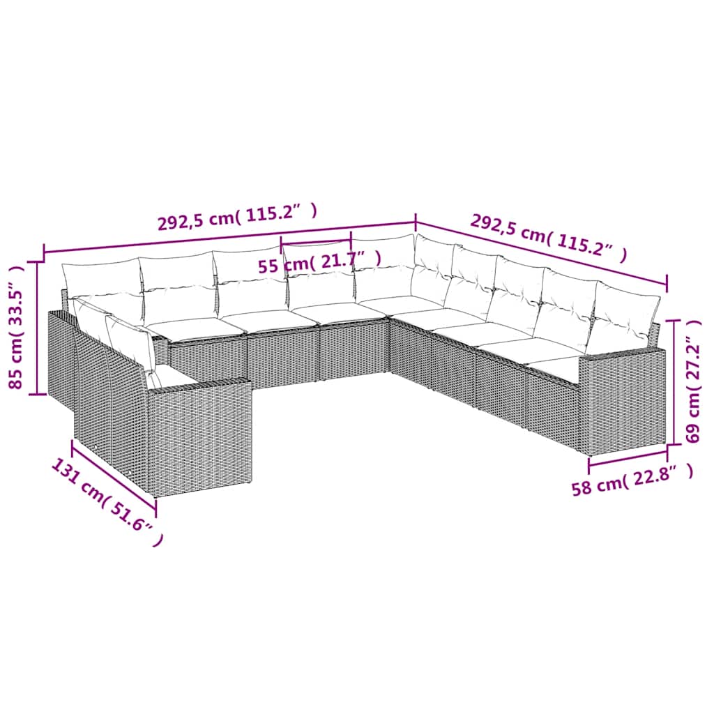 11 Pcs conjunto sofás de jardim c/ almofadões vime PE preto