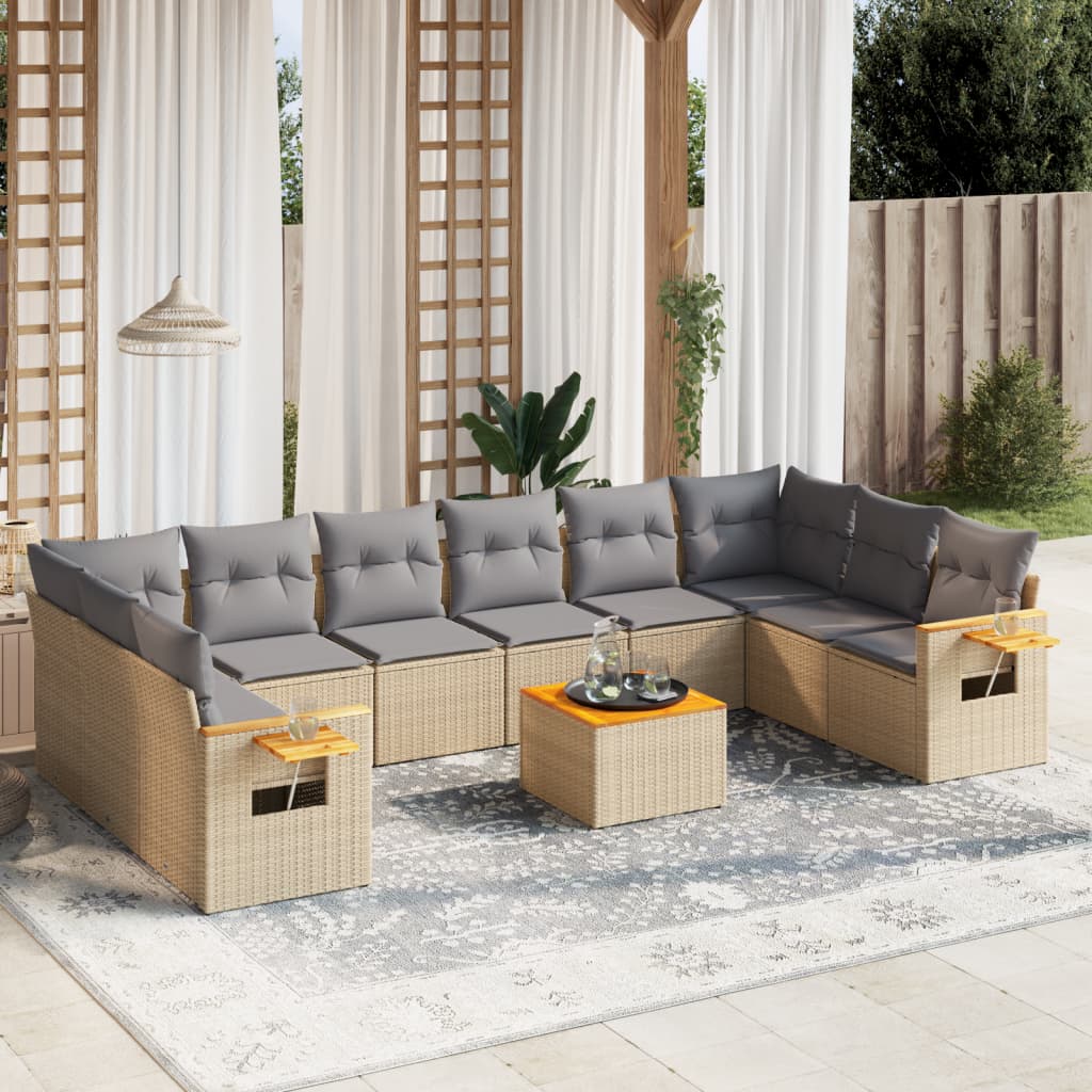 11 Pcs conjunto sofás de jardim c/ almofadões vime PE bege