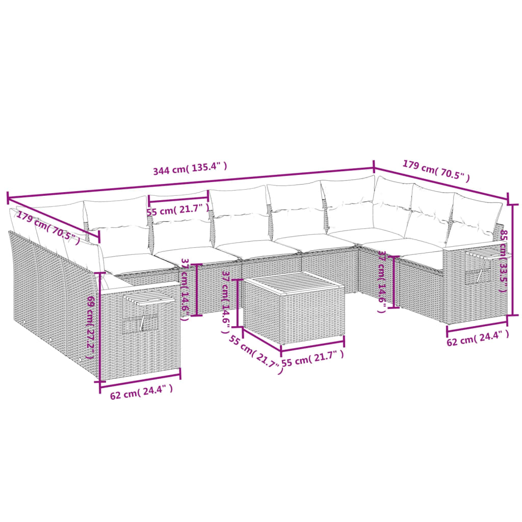 11 Pcs conjunto sofás de jardim c/ almofadões vime PE bege
