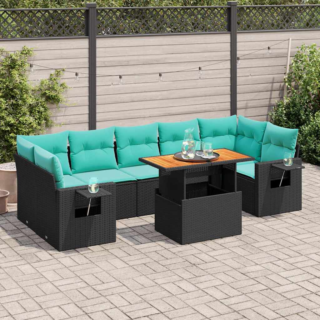 8 Pcs conjunto sofás de jardim com almofadões vime PE preto