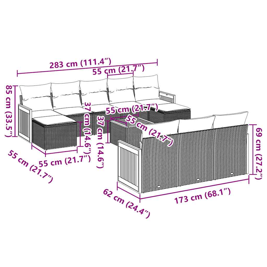 11 Pcs conjunto sofás de jardim c/ almofadões vime PE preto