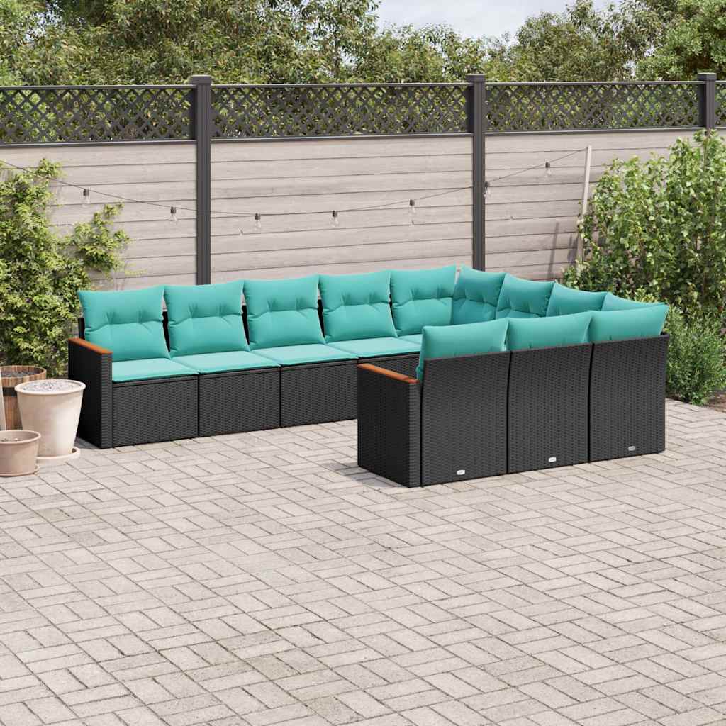 Conjunto de sofá de jardim com 10 peças e almofadas em rattan sintético preto