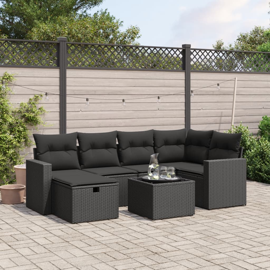 7 Pcs conjunto de sofás p/ jardim c/ almofadões vime PE preto
