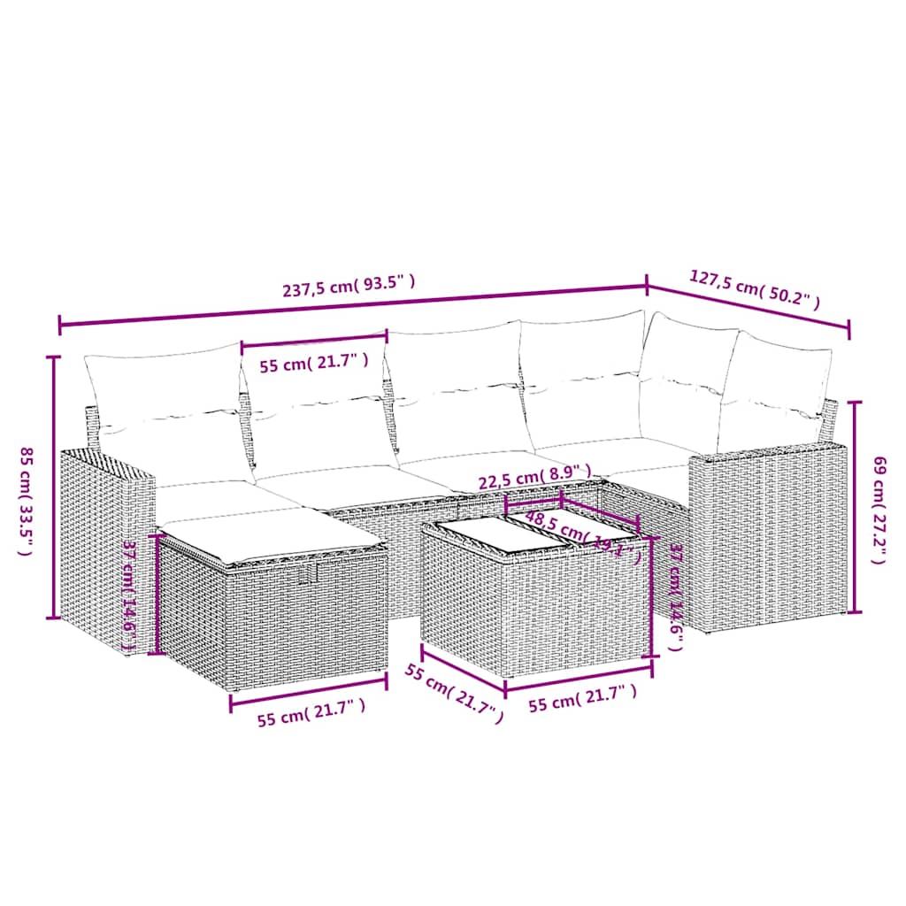 7 Pcs conjunto de sofás p/ jardim c/ almofadões vime PE preto