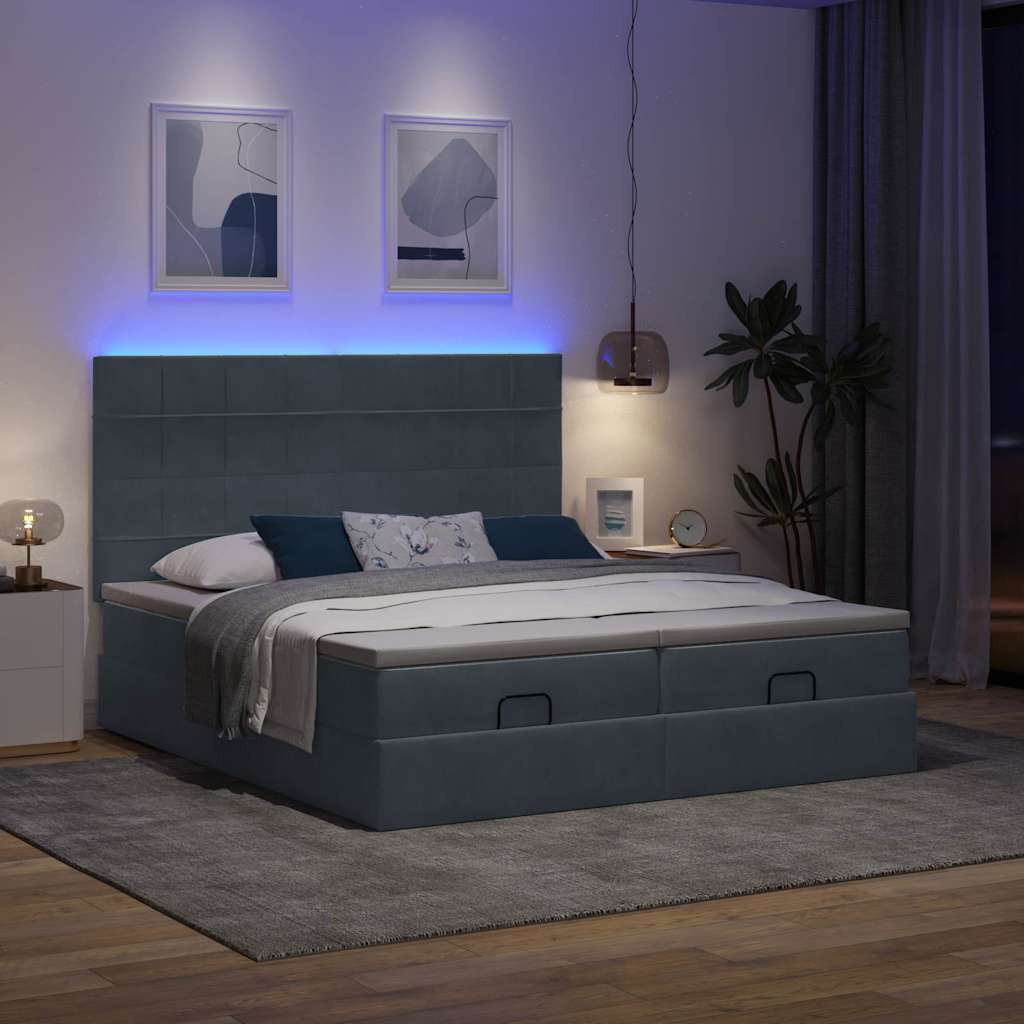 Moldura de cama otomana com colchão cinza escuro veludo