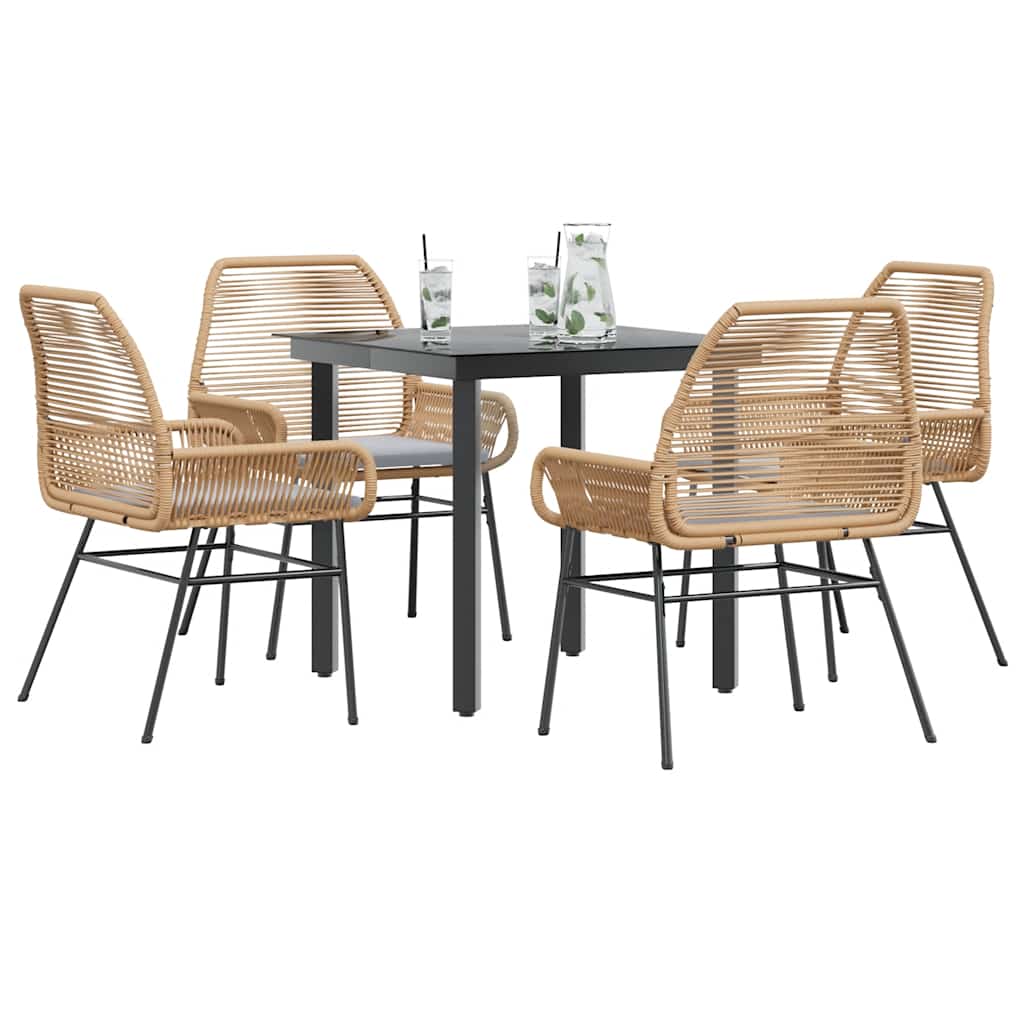 Conjunto jantar jardim 5 peças almofadas vidro vime PE castanho