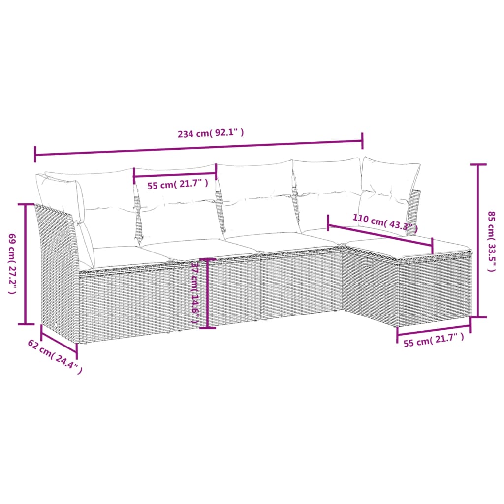 5 Pcs conjunto de sofás p/ jardim com almofadões vime PE bege