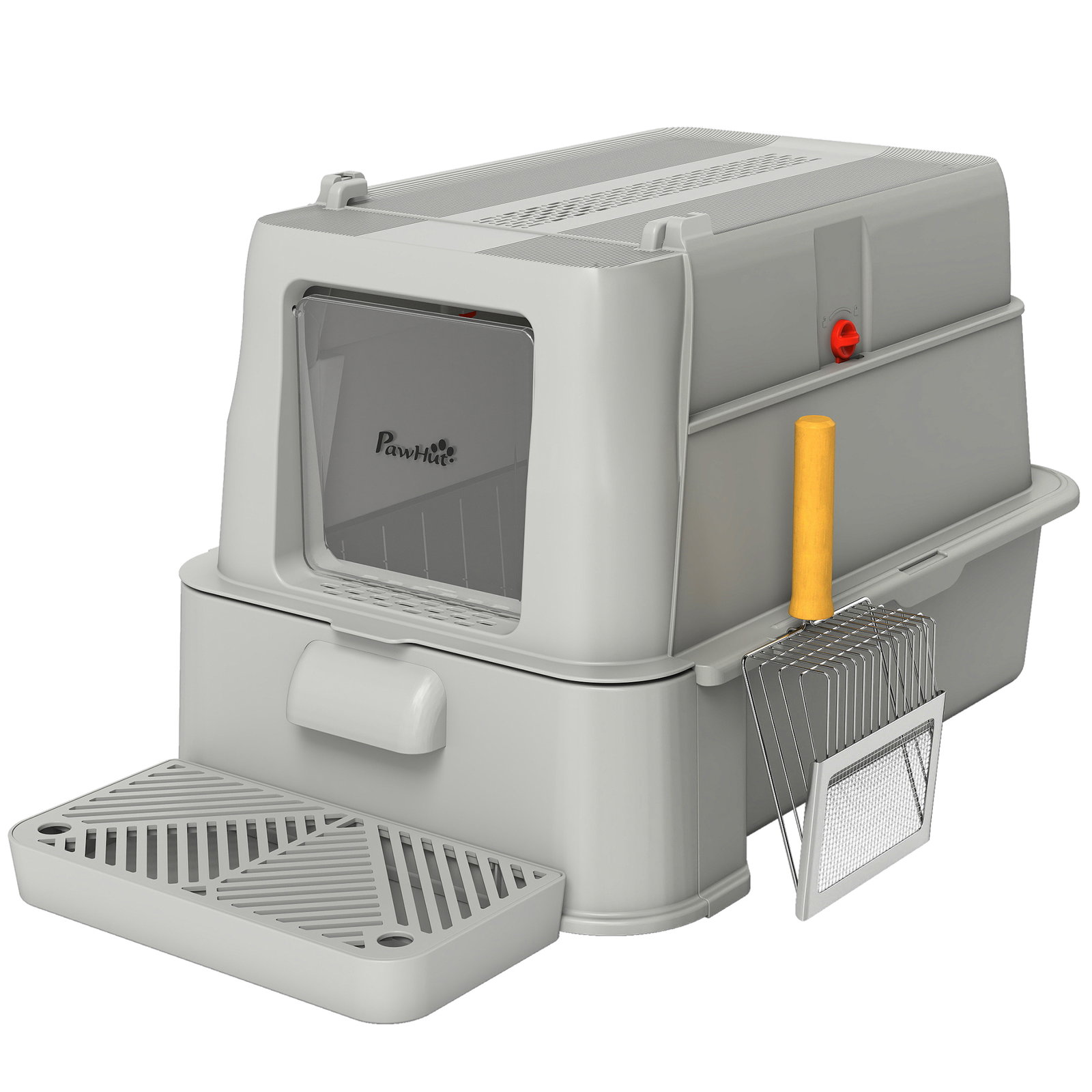 Caixa de areia para gatos de aço inoxidável xl com tampa articulada 180° laterais altas pedal pá 63x43x43 cm cinza claro