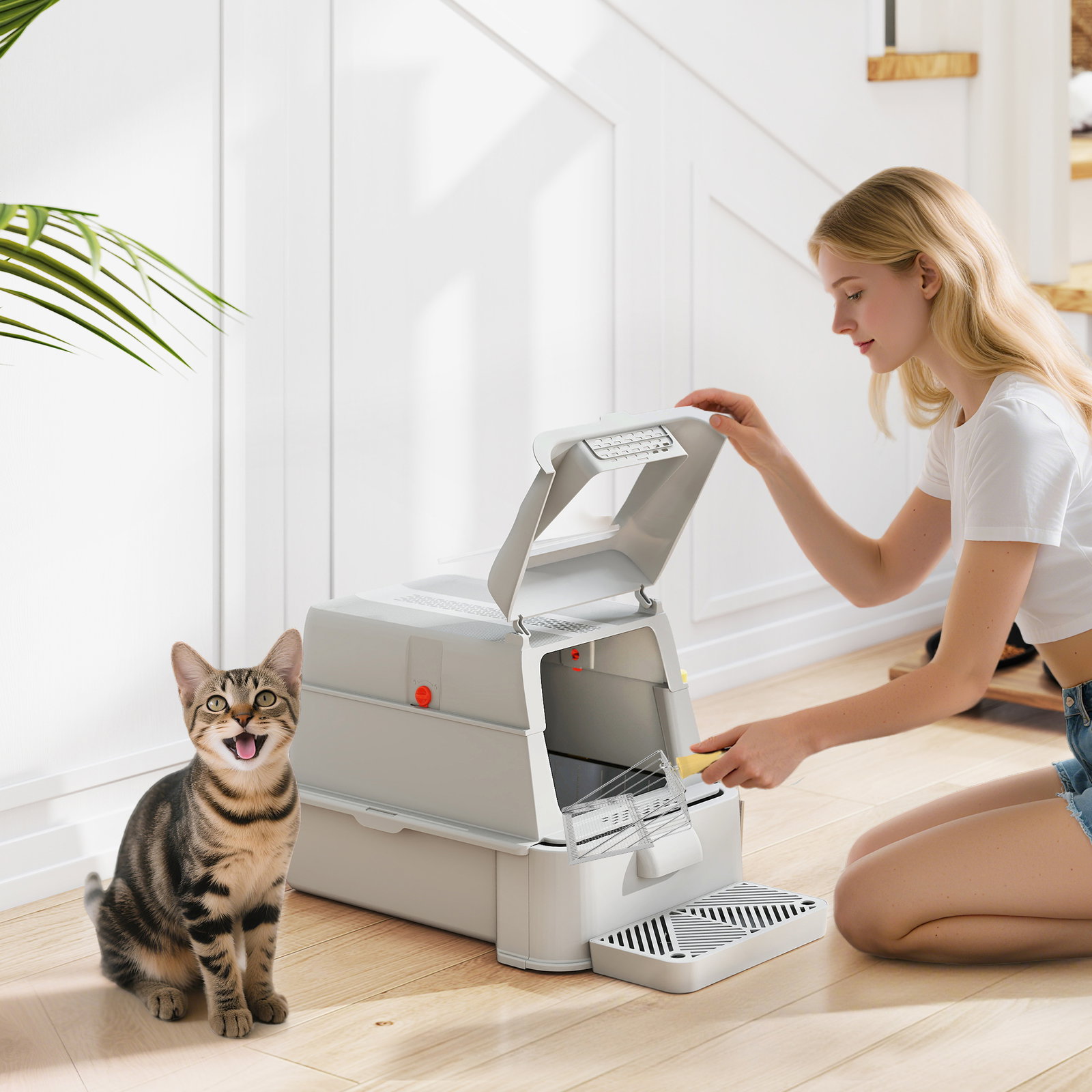 Caixa de areia para gatos de aço inoxidável xl com tampa articulada 180° laterais altas pedal pá 63x43x43 cm cinza claro
