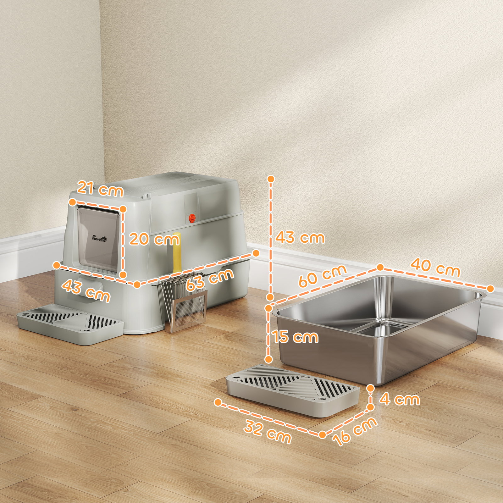 Caixa de areia para gatos de aço inoxidável xl com tampa articulada 180° laterais altas pedal pá 63x43x43 cm cinza claro