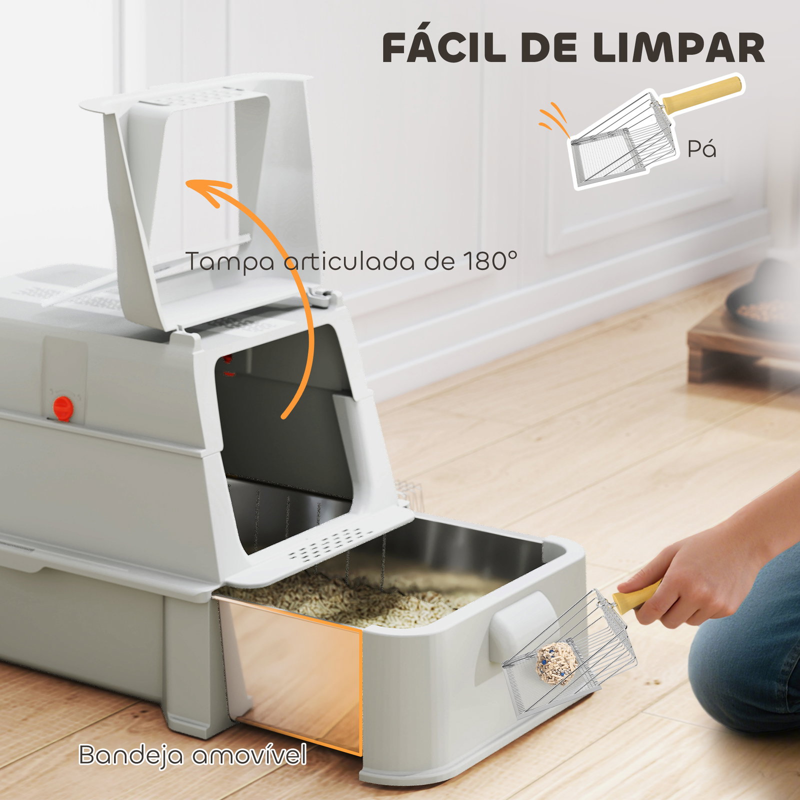 Caixa de areia para gatos de aço inoxidável xl com tampa articulada 180° laterais altas pedal pá 63x43x43 cm cinza claro