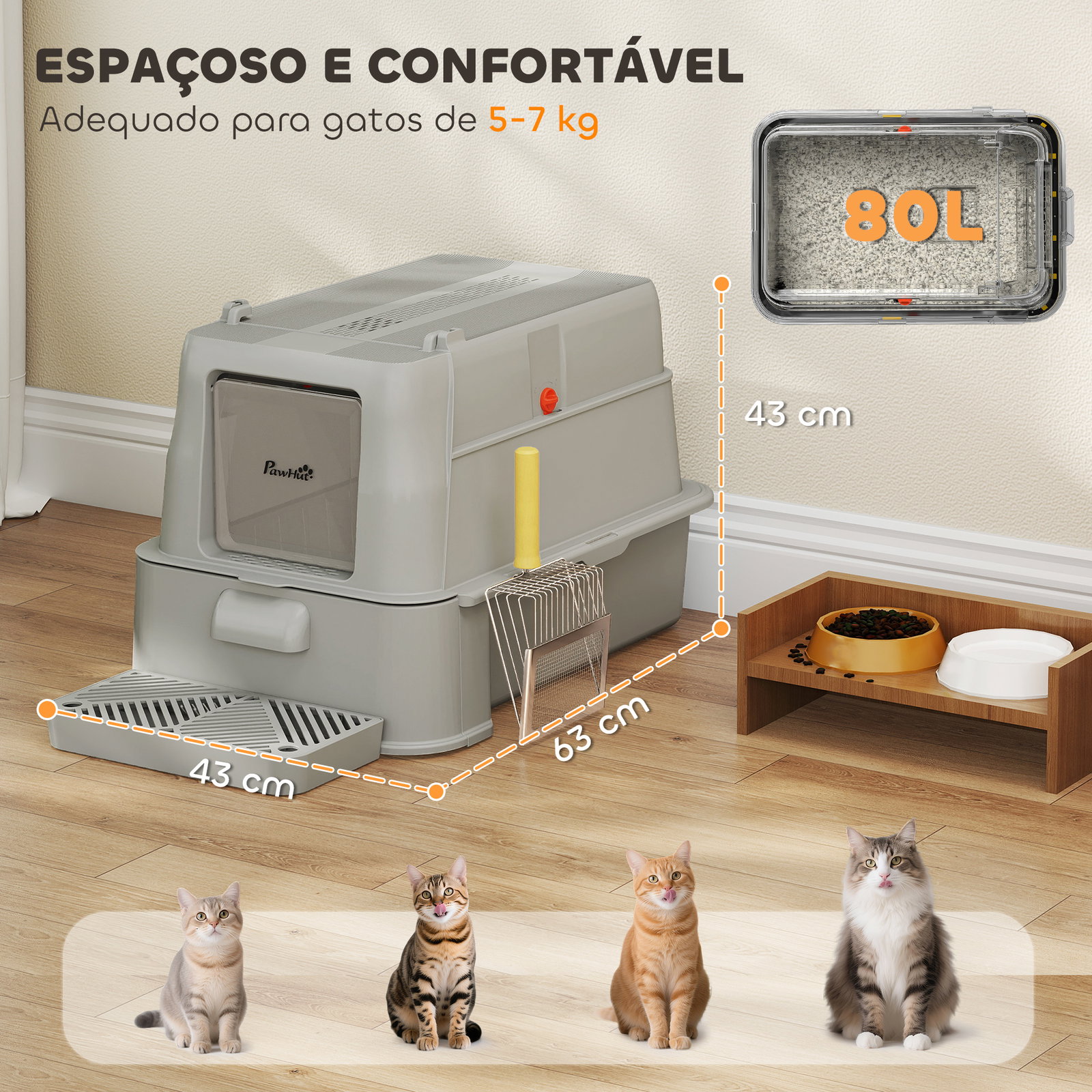 Caixa de areia para gatos de aço inoxidável xl com tampa articulada 180° laterais altas pedal pá 63x43x43 cm cinza claro