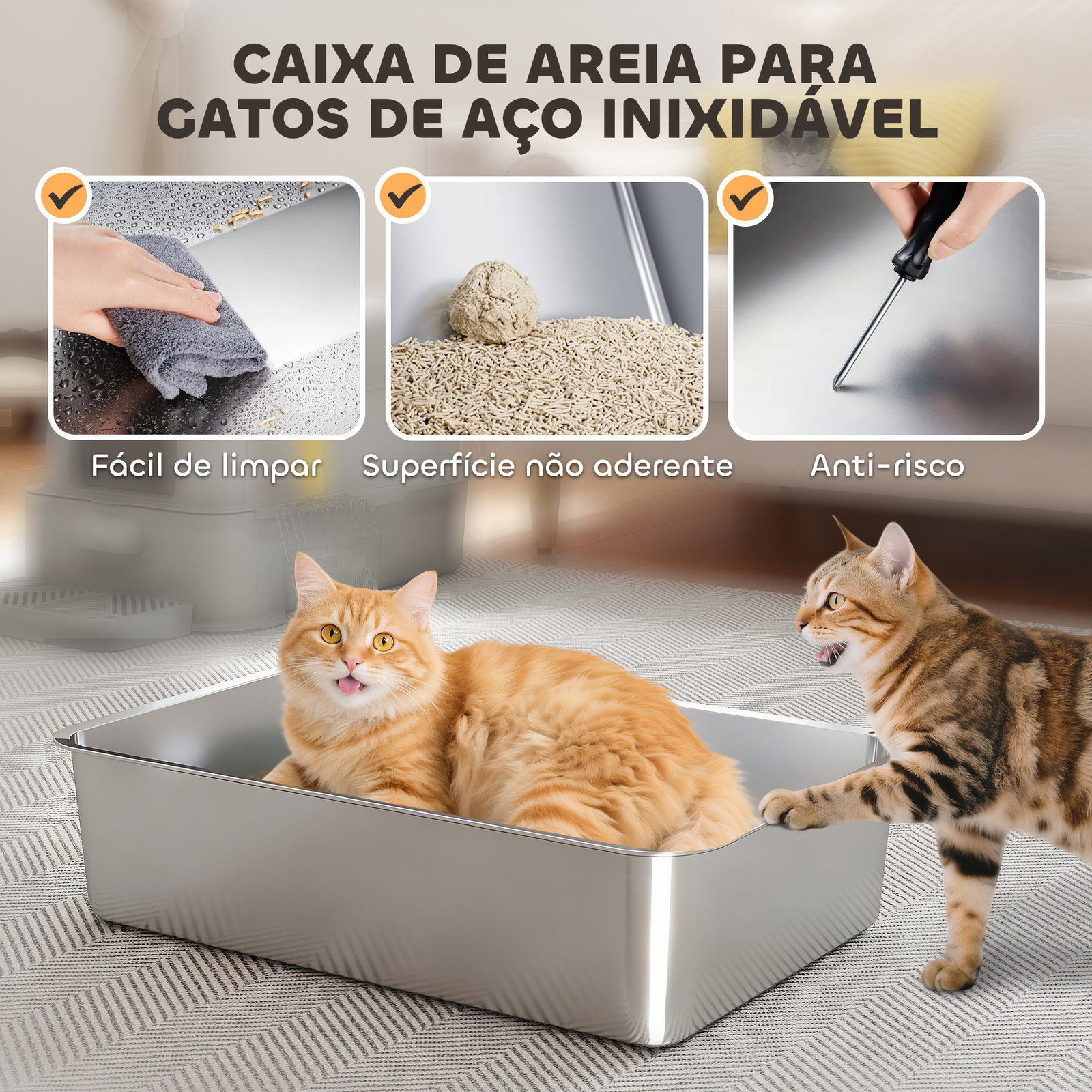 Caixa de areia para gatos de aço inoxidável xl com tampa articulada 180° laterais altas pedal pá 63x43x43 cm cinza claro