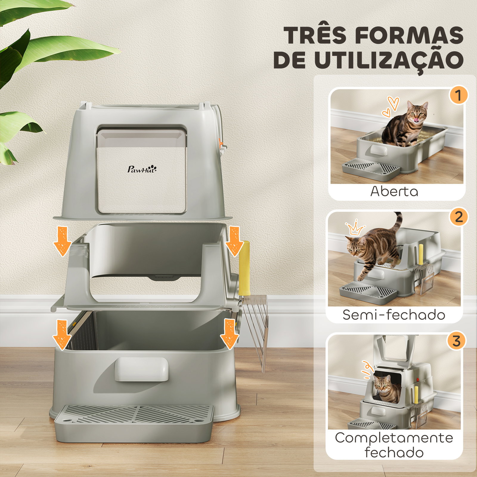 Caixa de areia para gatos de aço inoxidável xl com tampa articulada 180° laterais altas pedal pá 63x43x43 cm cinza claro