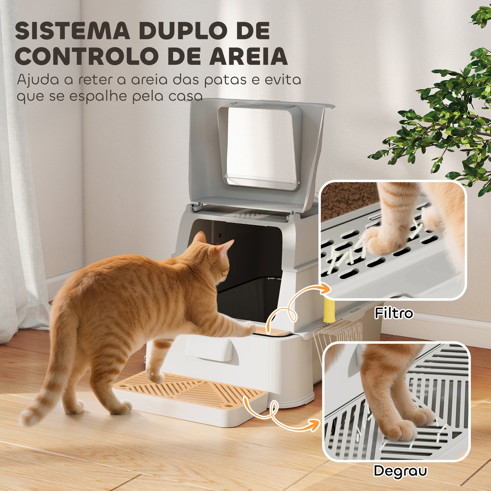 Caixa de areia para gatos de aço inoxidável xl com tampa articulada 180° laterais altas pedal pá 63x43x43 cm cinza claro
