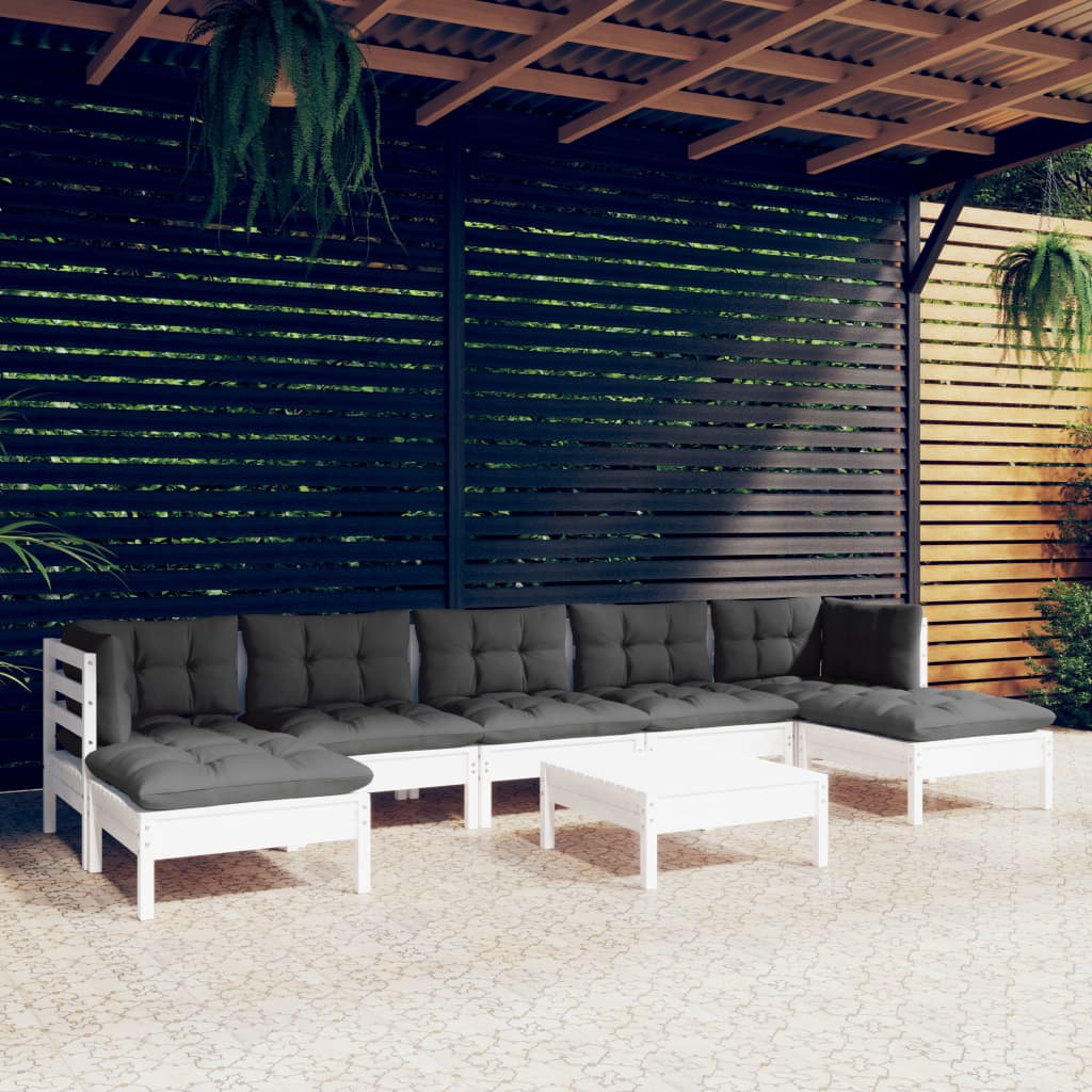 8 Pcs conjunto lounge de jardim c/ almofadões pinho branco