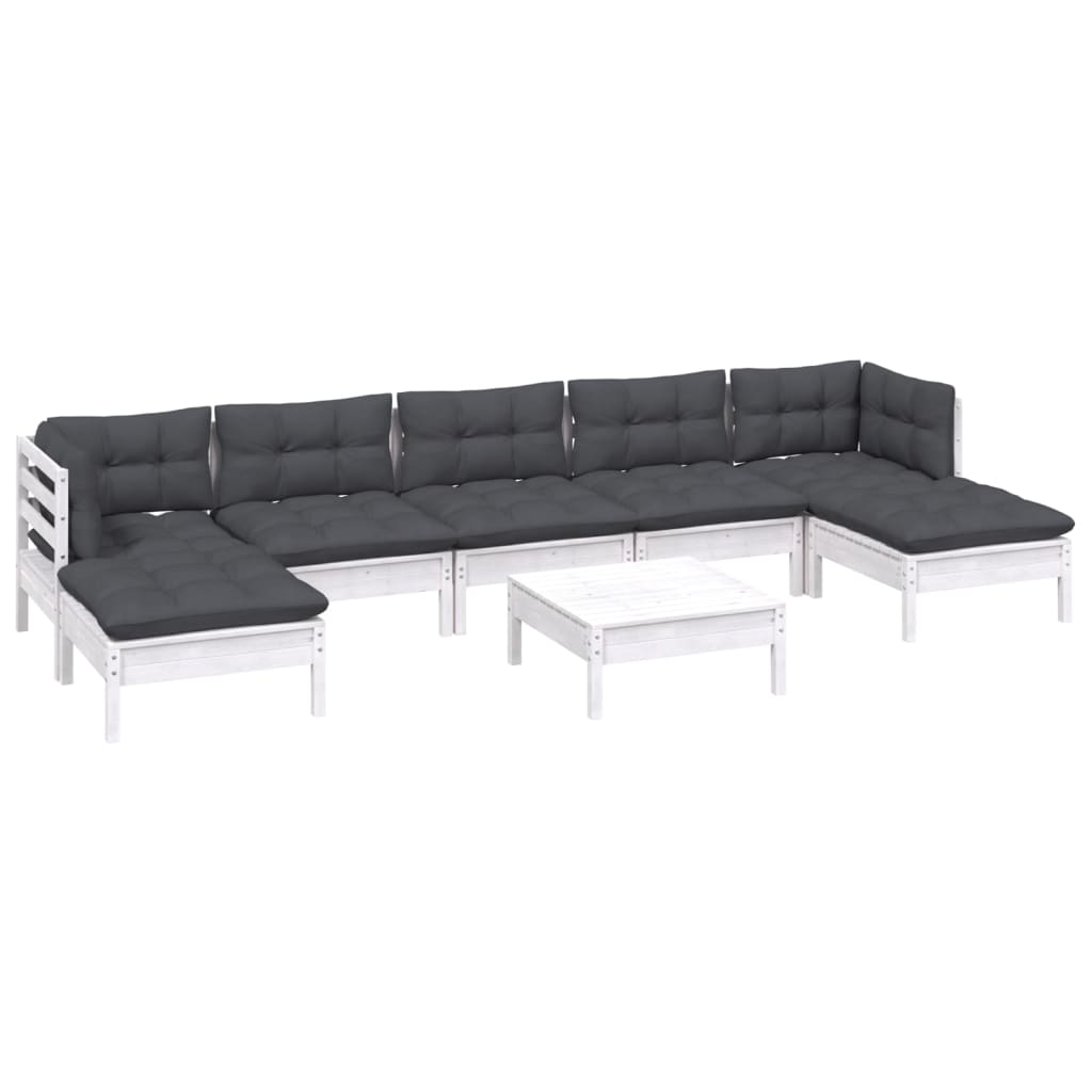 8 Pcs conjunto lounge de jardim c/ almofadões pinho branco
