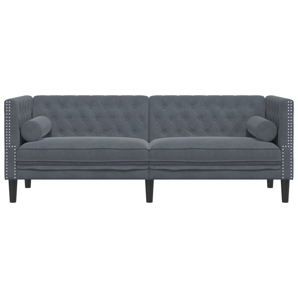 Sofá chesterfield com rolos 3 lugares veludo cinzento-escuro