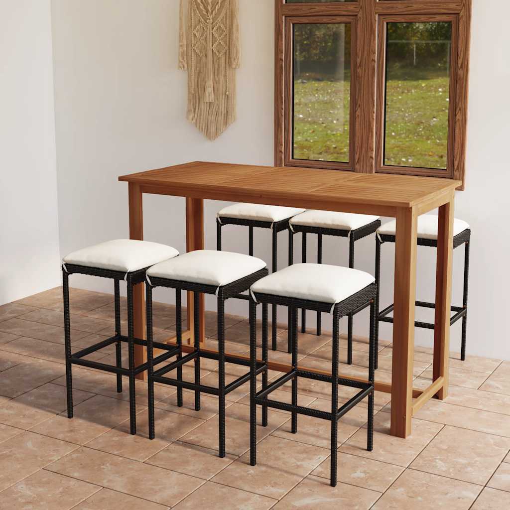 7 Pcs conjunto de bar p/ jardim com almofadões preto