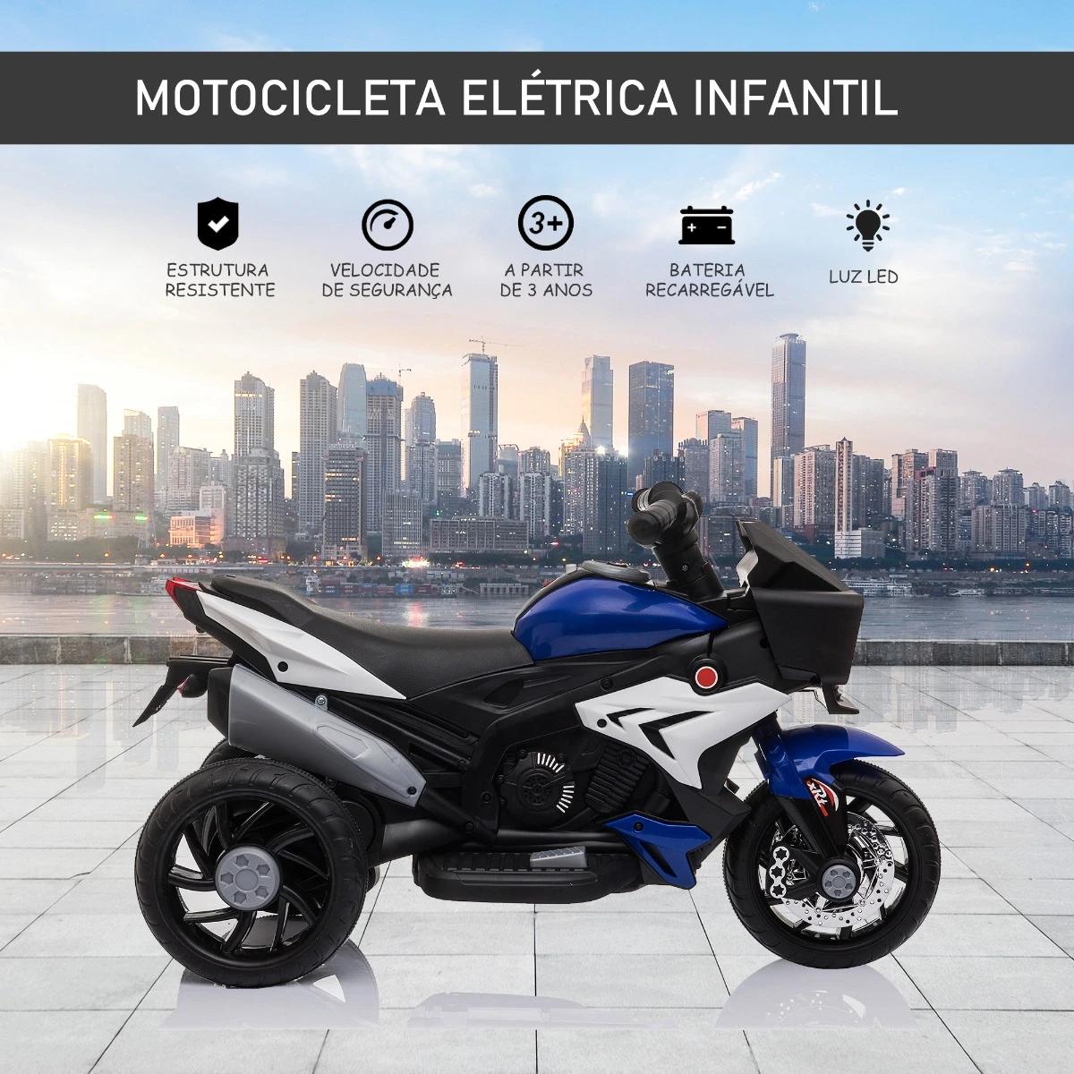 Motocicleta elétrica infantil com 3 rodas para crianças acima de 3 anos triciclo com pedal de bateria 6v com luzes música pneus largos 86x42x52cm azul