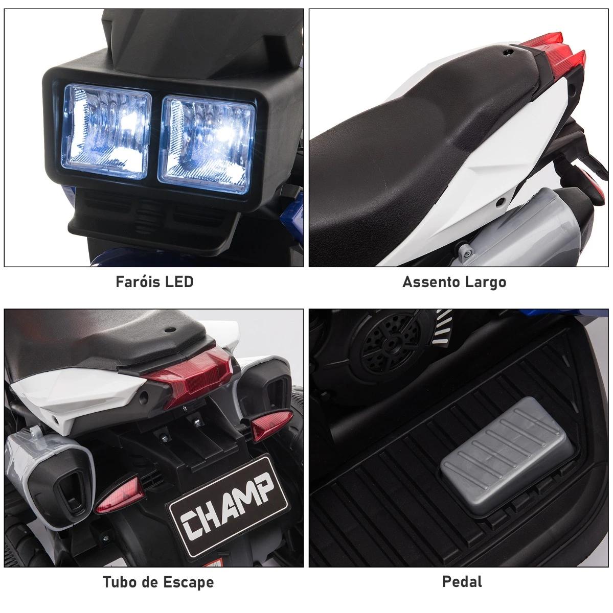 Motocicleta elétrica infantil com 3 rodas para crianças acima de 3 anos triciclo com pedal de bateria 6v com luzes música pneus largos 86x42x52cm azul