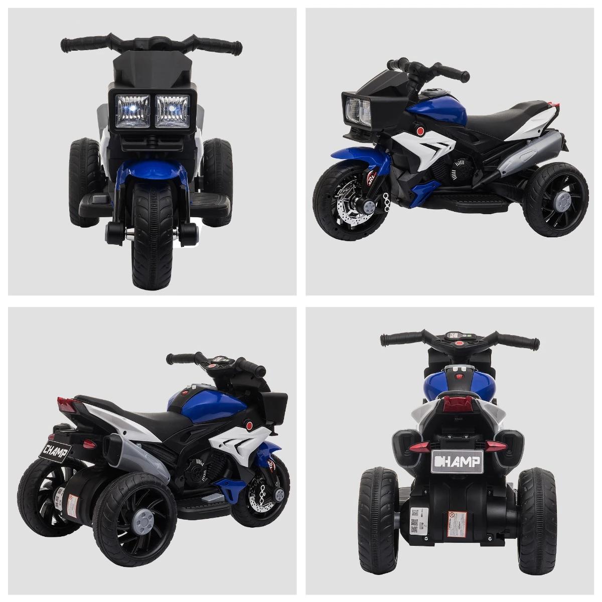 Motocicleta elétrica infantil com 3 rodas para crianças acima de 3 anos triciclo com pedal de bateria 6v com luzes música pneus largos 86x42x52cm azul