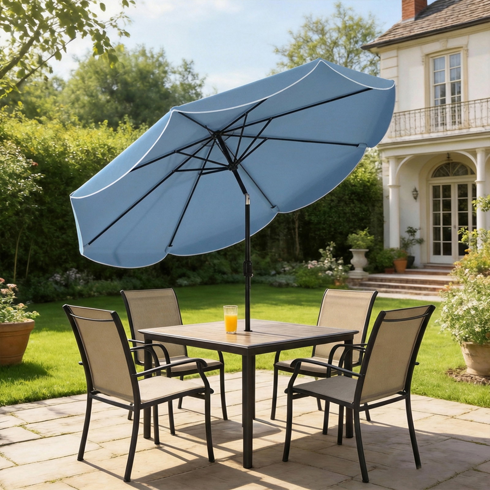 Chapéu de sol para jardim ø2,7 m com inclinação ajustável manivela e volante azul celeste