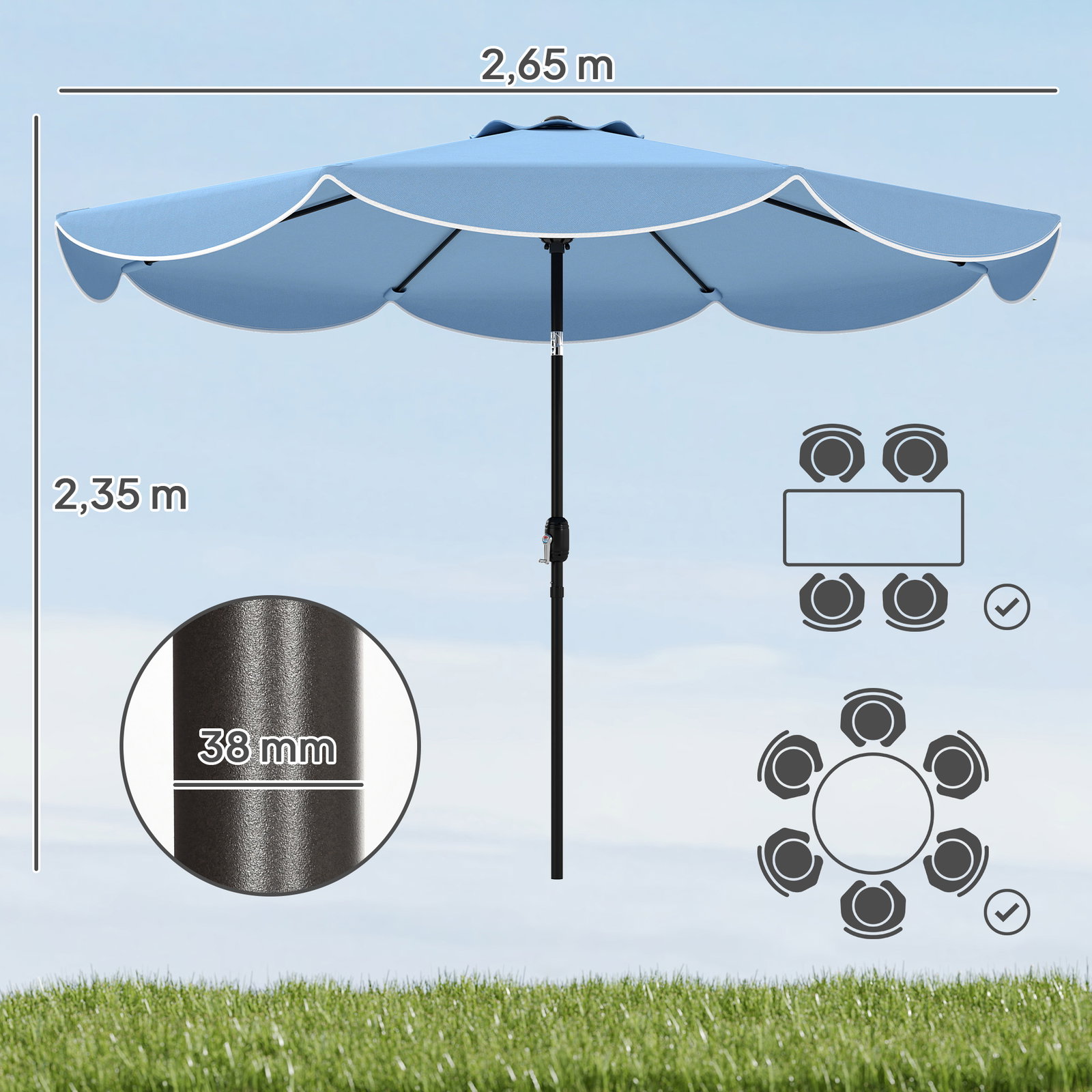 Chapéu de sol para jardim ø2,7 m com inclinação ajustável manivela e volante azul celeste