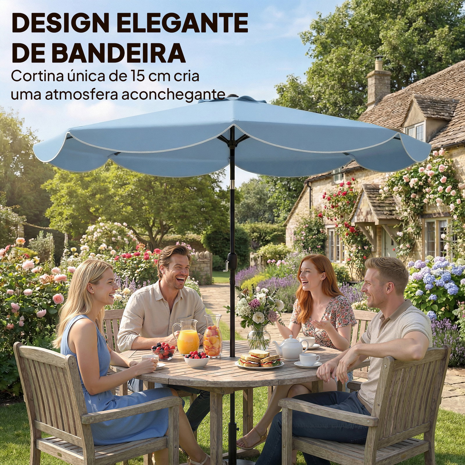 Chapéu de sol para jardim ø2,7 m com inclinação ajustável manivela e volante azul celeste