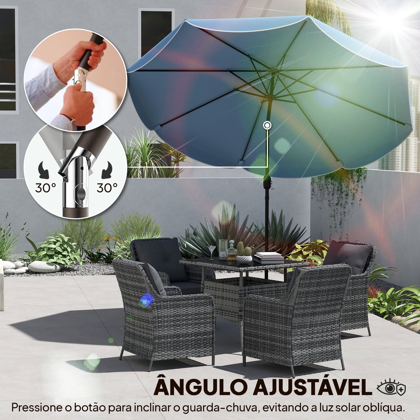 Chapéu de sol para jardim ø2,7 m com inclinação ajustável manivela e volante azul celeste