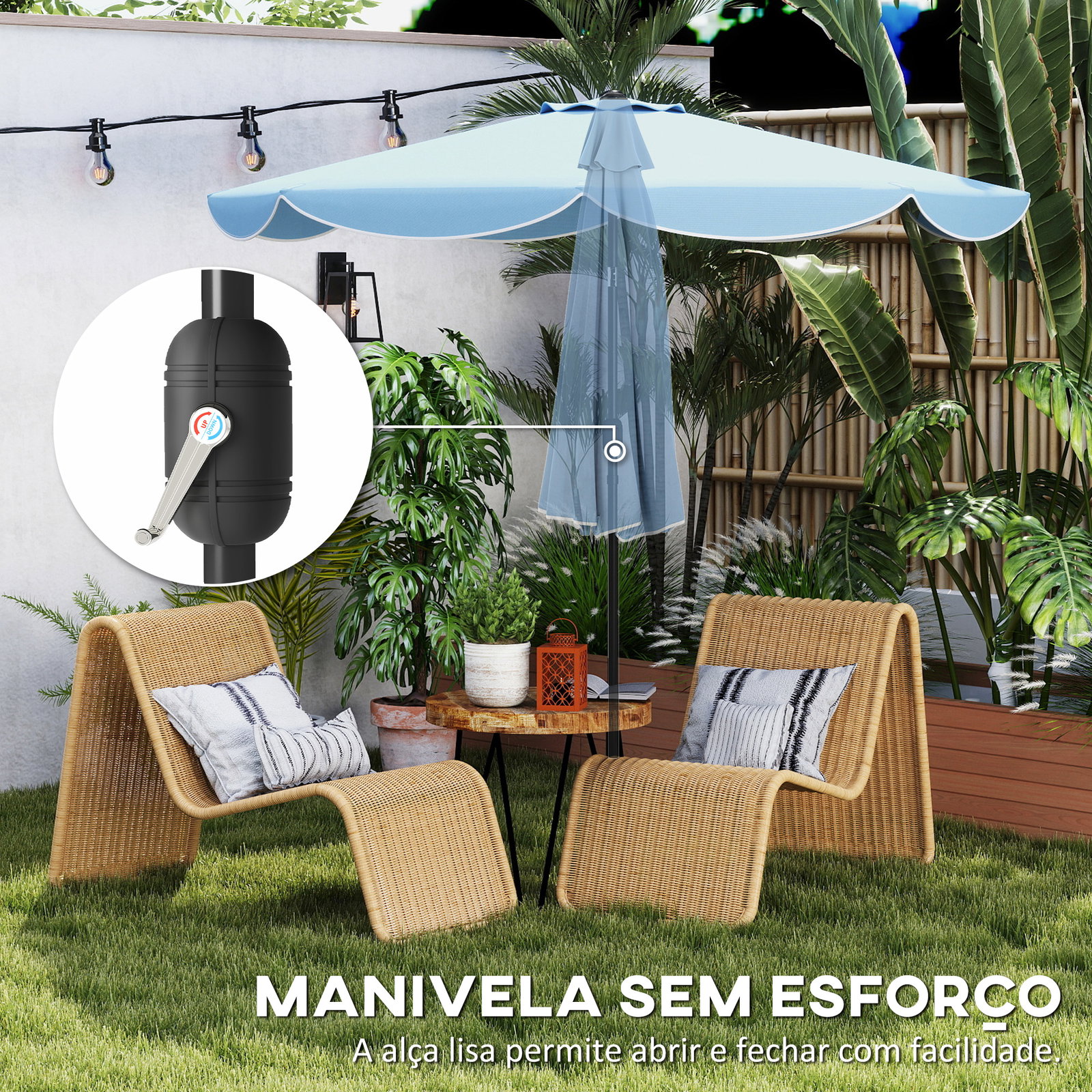 Chapéu de sol para jardim ø2,7 m com inclinação ajustável manivela e volante azul celeste
