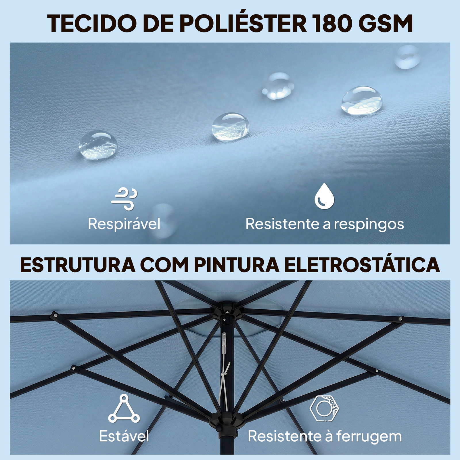 Chapéu de sol para jardim ø2,7 m com inclinação ajustável manivela e volante azul celeste
