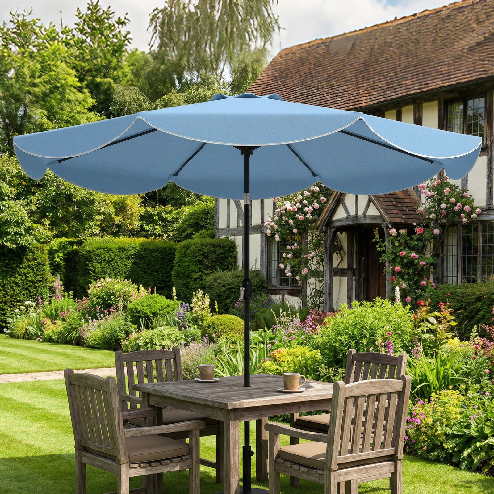 Chapéu de sol para jardim ø2,7 m com inclinação ajustável manivela e volante azul celeste