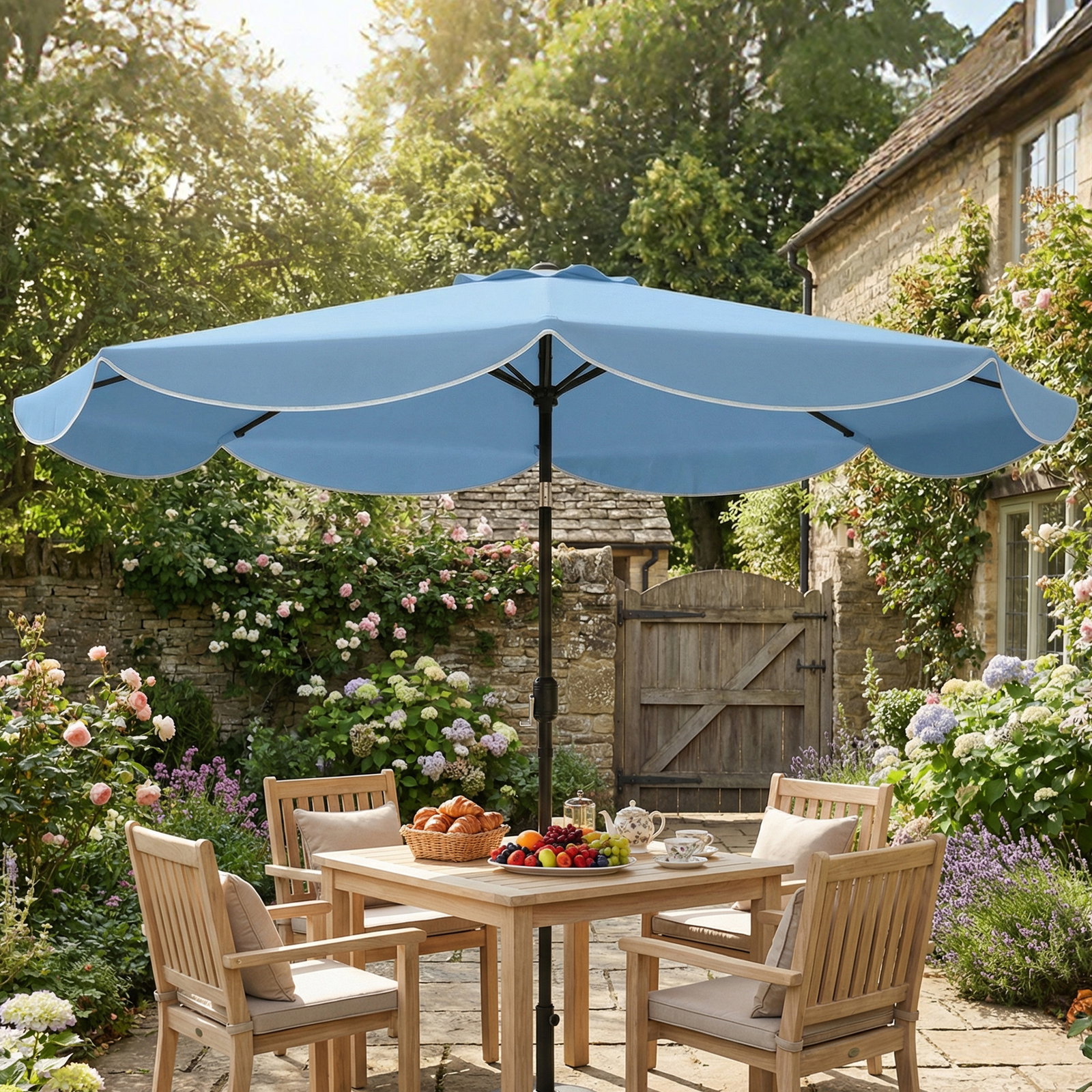 Chapéu de sol para jardim ø2,7 m com inclinação ajustável manivela e volante azul celeste