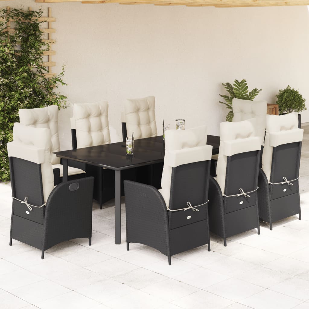 9 Pcs conjunto de jantar p/ jardim c/ almofadões vime PE preto