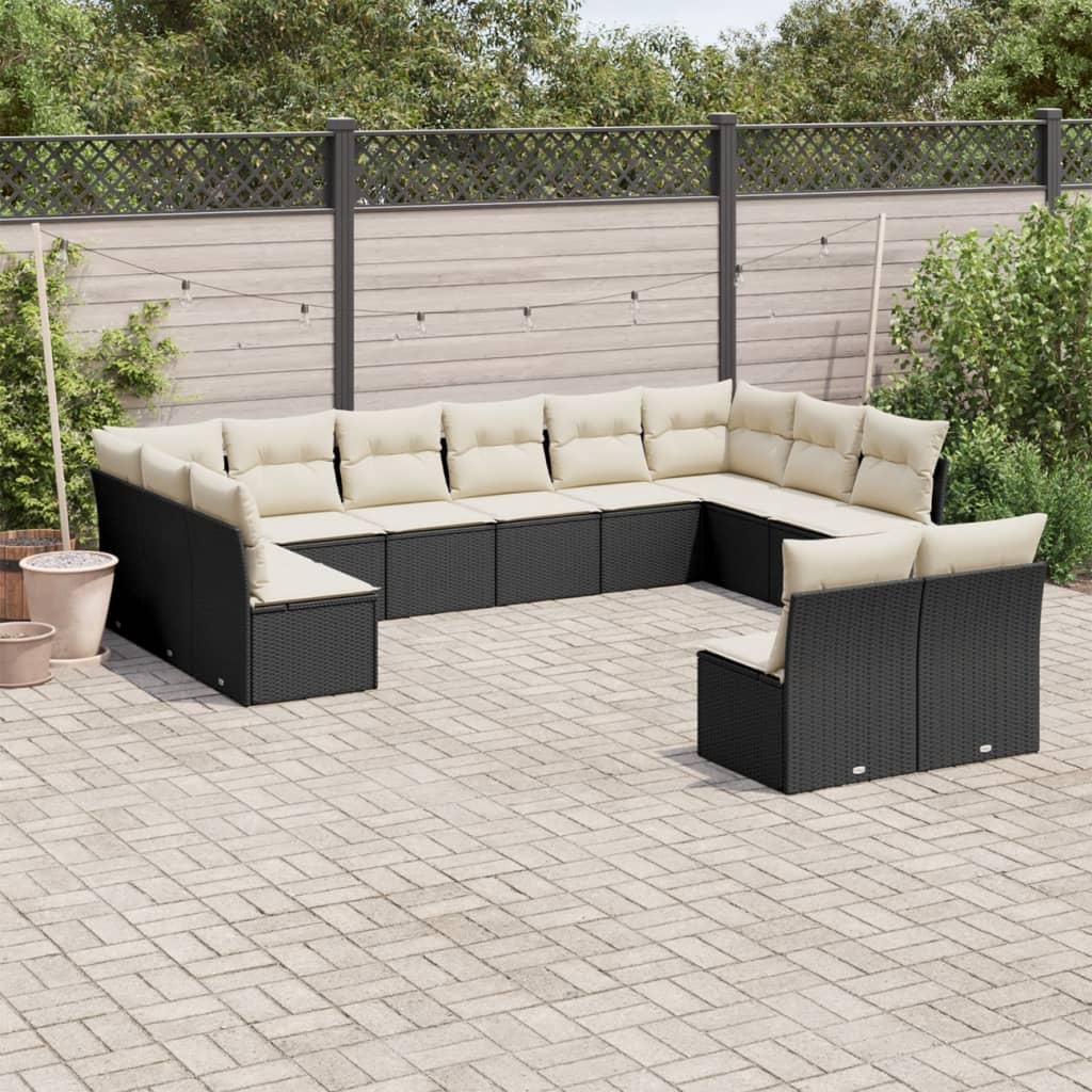 12 Pcs conjunto de sofás de jardim c/ almofadões vime PE preto