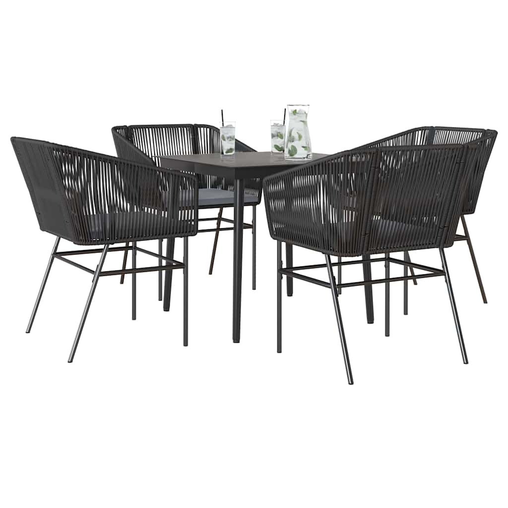 Conjunto de jantar jardim 5 peças almofadas vidro vime PE preto